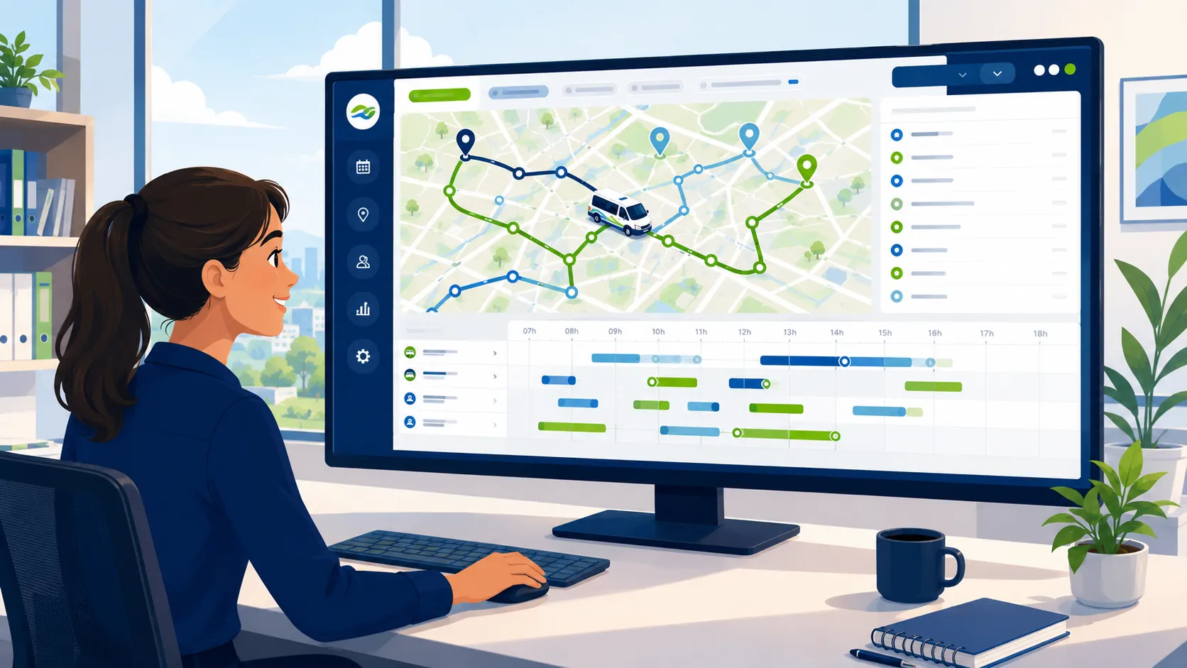 Une exploitante devant un écran de planification de transport à la demande : carte avec tournées optimisées et planning horaire