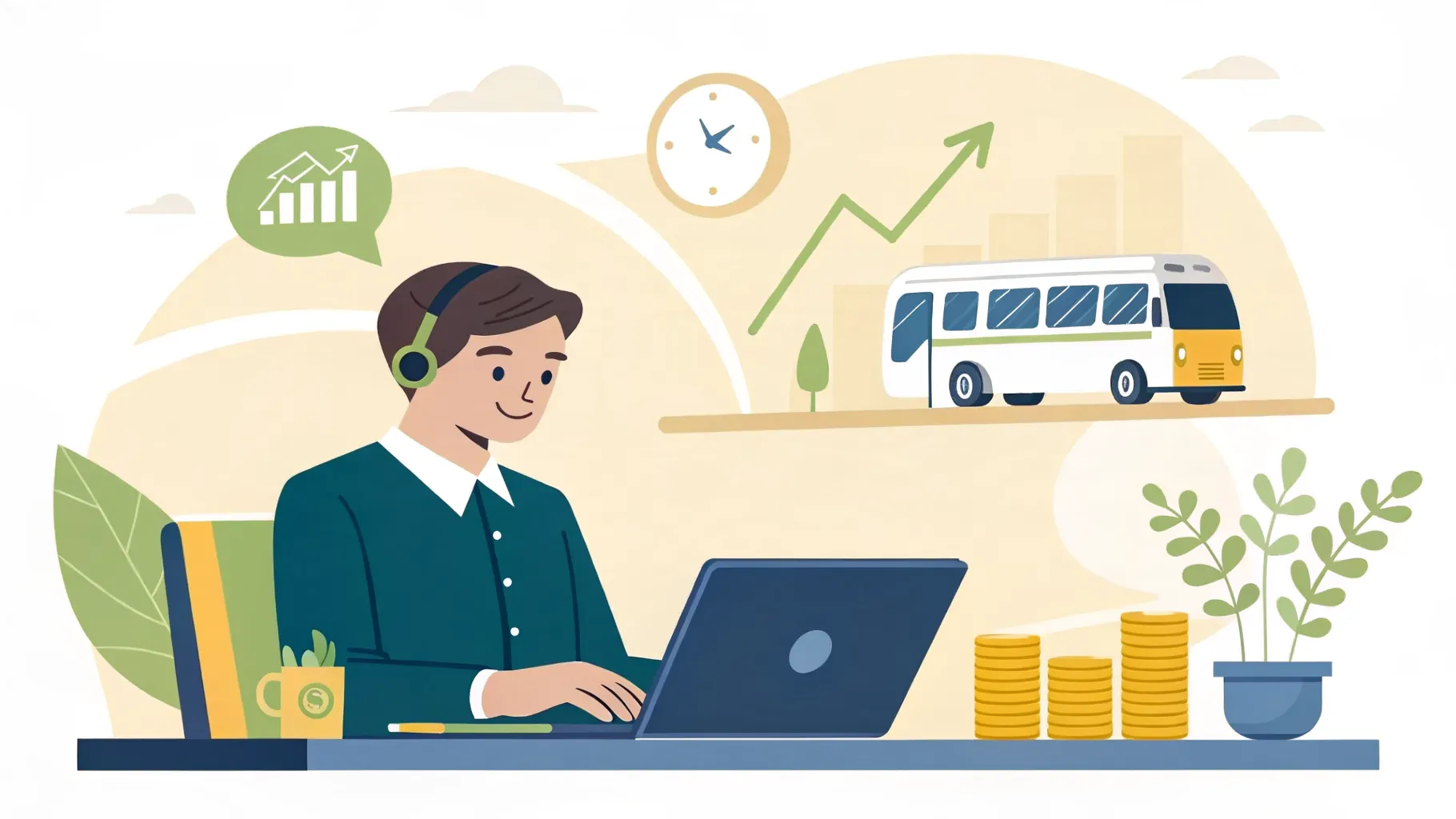 Un responsable de transport compare les modèles de tarification sur son ordinateur, avec des piles de pièces, une courbe de retour sur investissement et un minibus