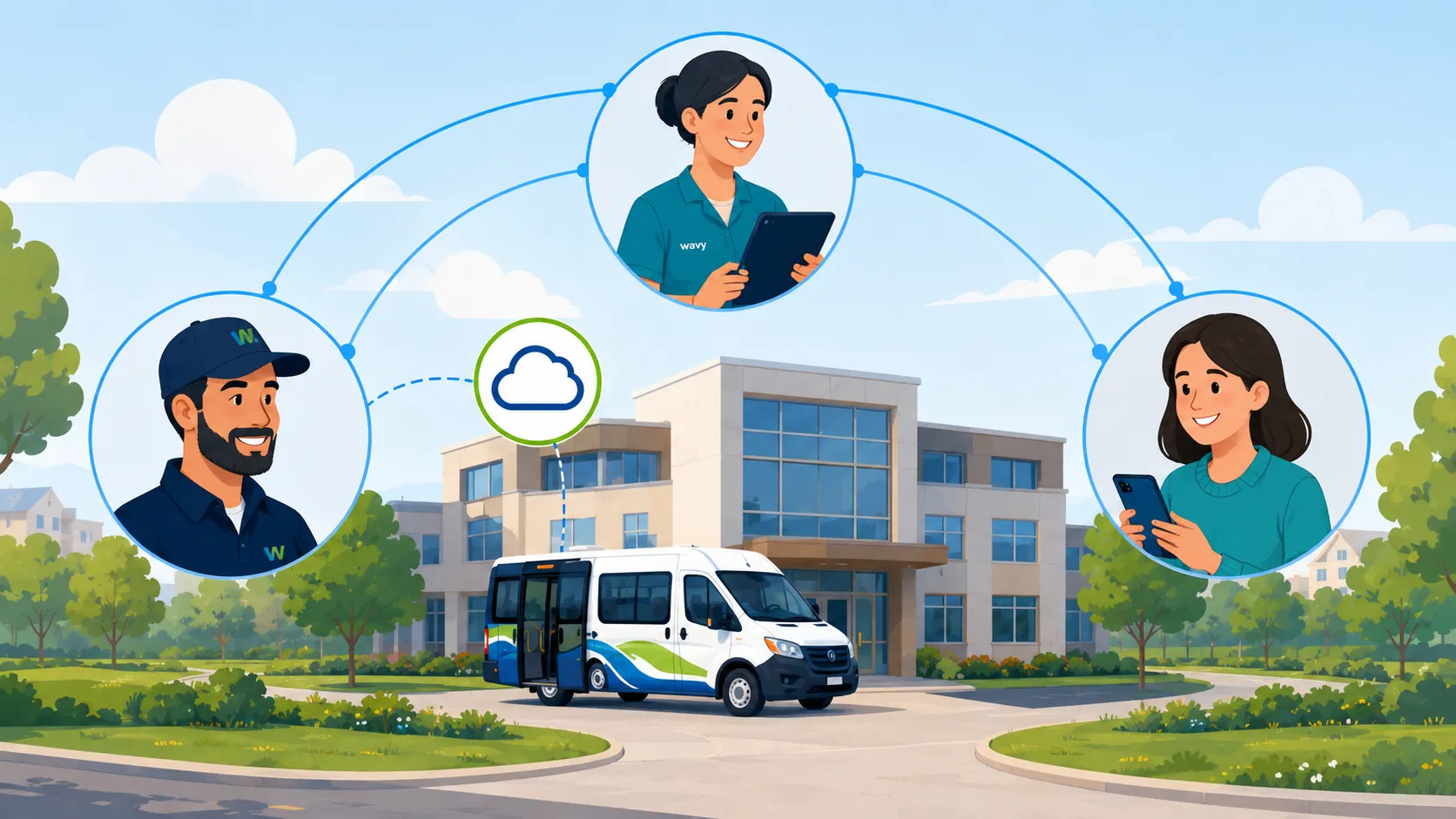 Un van adapté devant un EHPAD, avec le conducteur, un soignant muni d'une tablette et un proche reliés par une plateforme cloud pour coordonner les transports