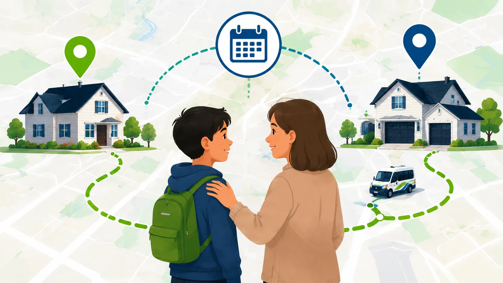 Carte avec deux domiciles distincts et un planning par jour pour la garde alternée : un van adapté relie les deux adresses d'un enfant accompagné selon les jours