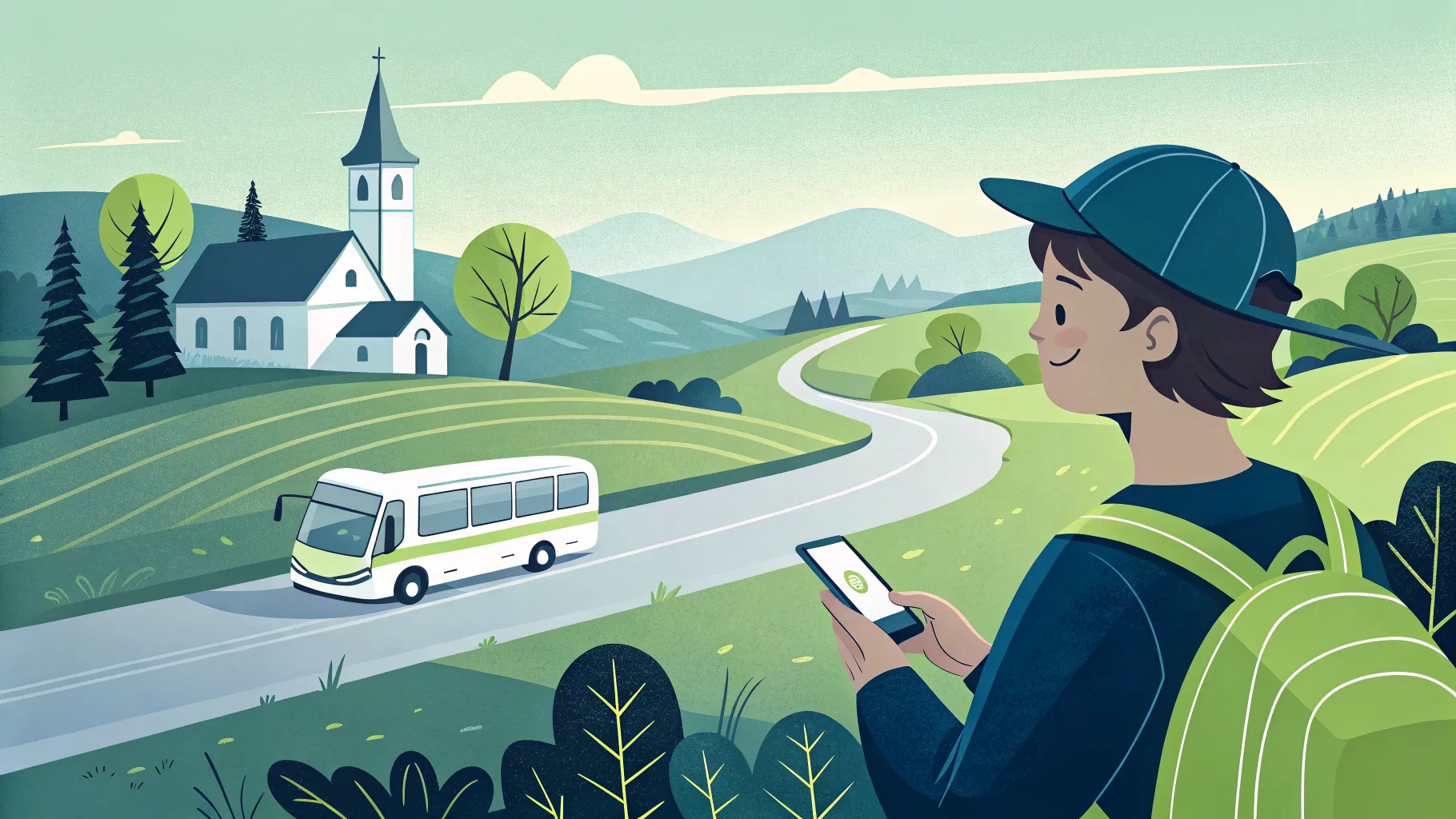 Un usager réserve un trajet sur son smartphone tandis qu'un minibus de transport à la demande arrive sur une route de campagne reliant un village à une petite ville