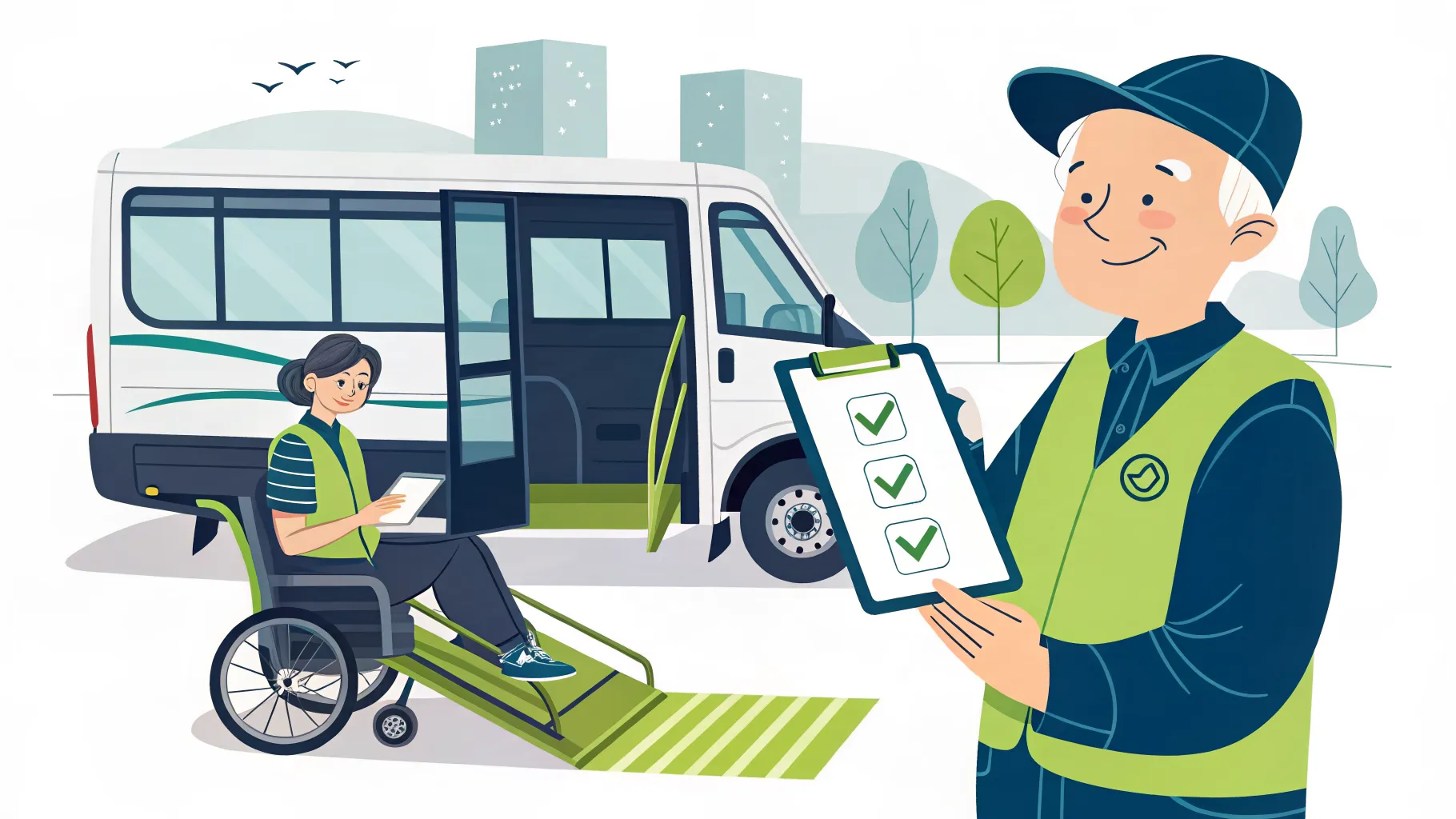 Un conducteur valide une check-list sur tablette devant un minibus adapté avec rampe, une usagère en fauteuil roulant et une personne âgée qui monte à bord