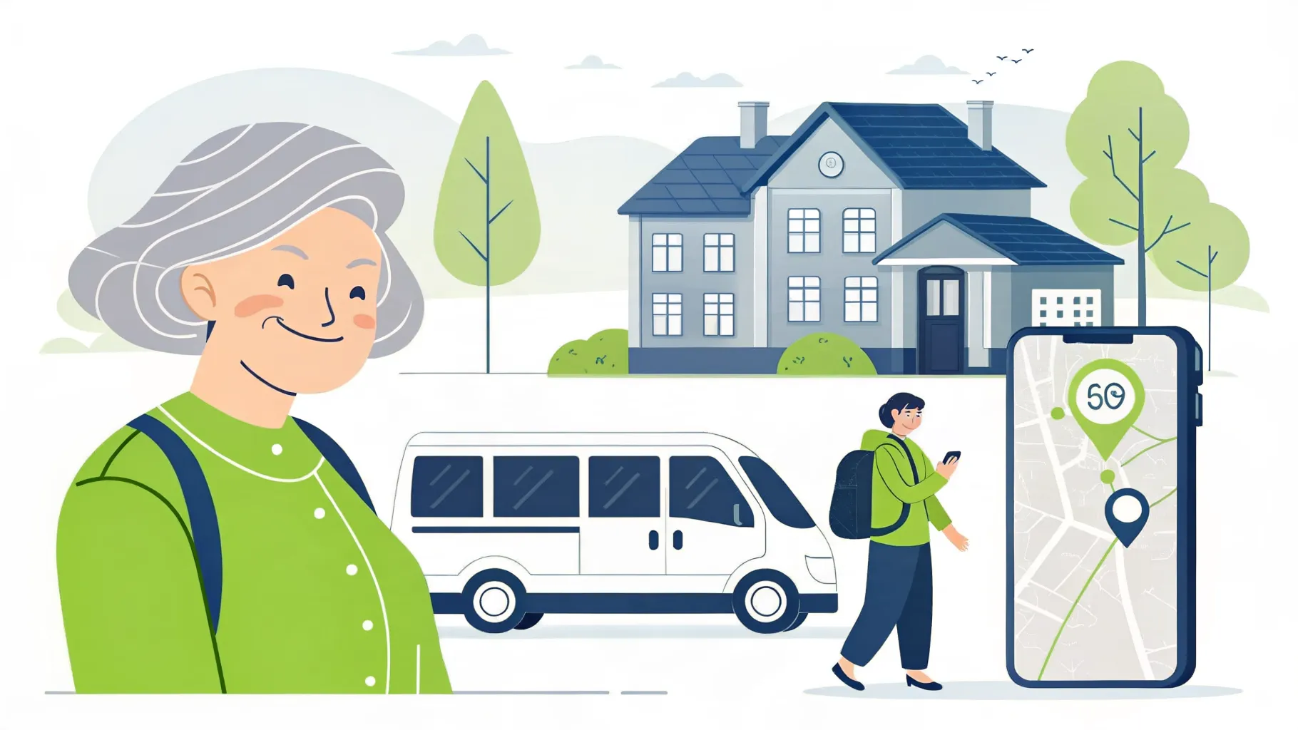 Une senior souriante devant un minibus accessible et une maison de retraite, un proche suivant le trajet en temps réel sur son smartphone