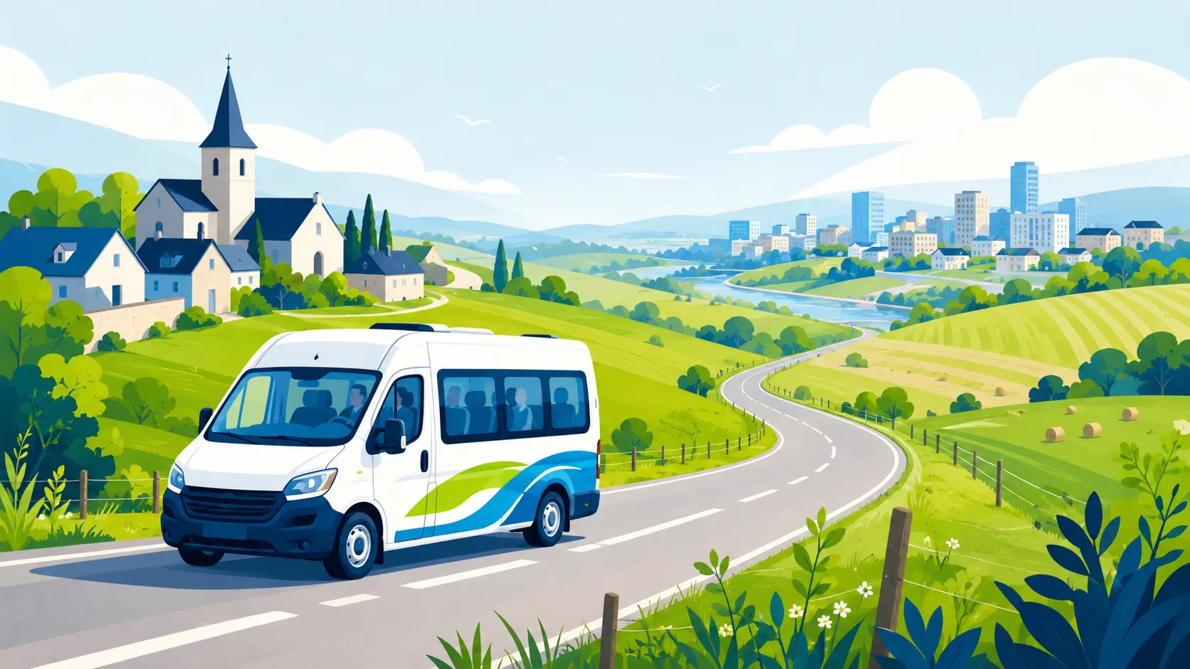 Un minibus de transport à la demande sur une route de campagne reliant un village rural à une petite ville à l'horizon
