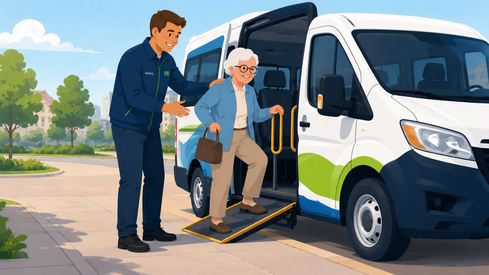 Une senior souriante monte dans un van accessible par la rampe, aidée avec bienveillance par un accompagnant Wavy, préservant son autonomie