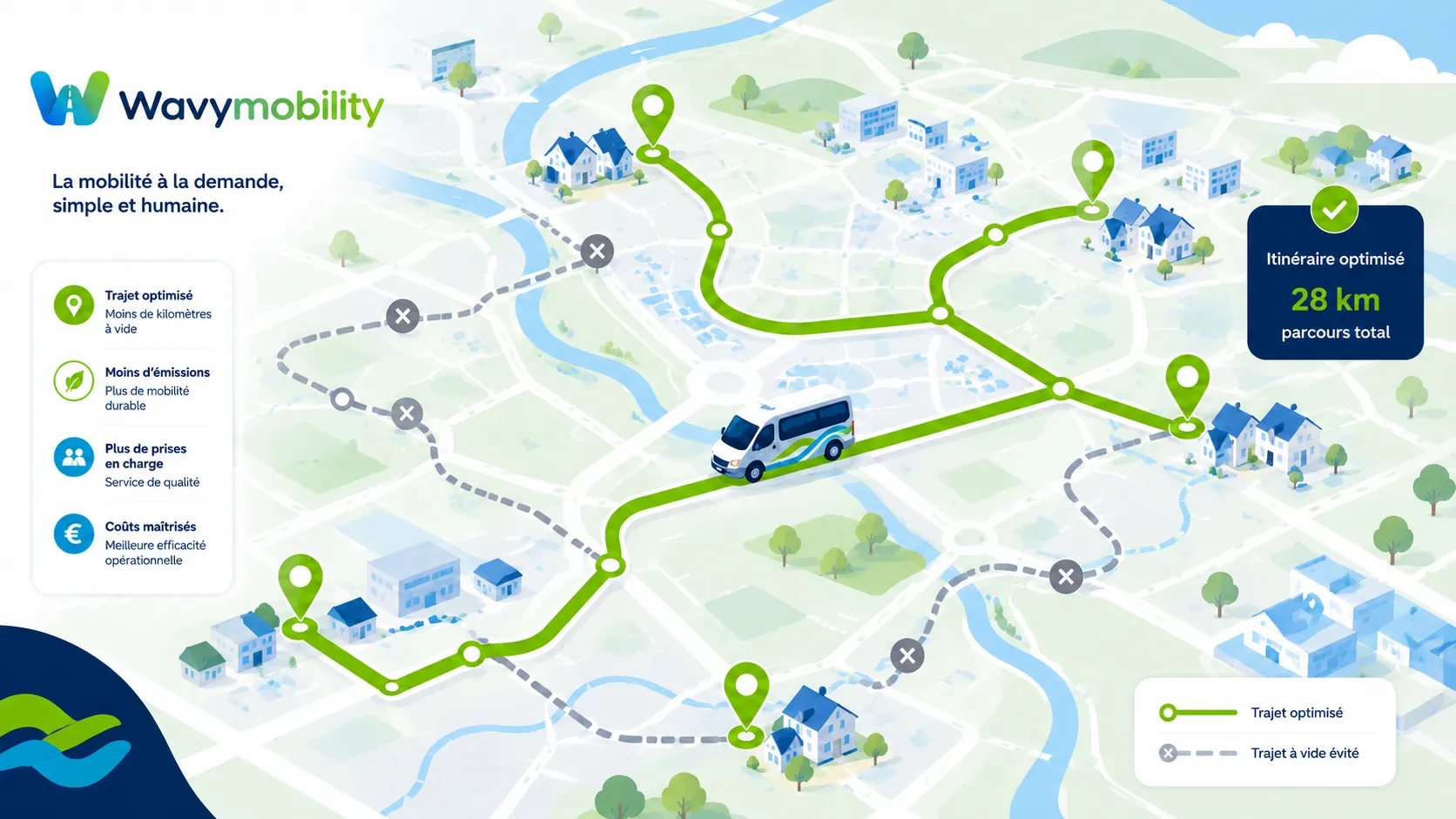 Carte d'un territoire avec un itinéraire de transport à la demande optimisé en vert reliant plusieurs points de prise en charge, et les trajets à vide évités