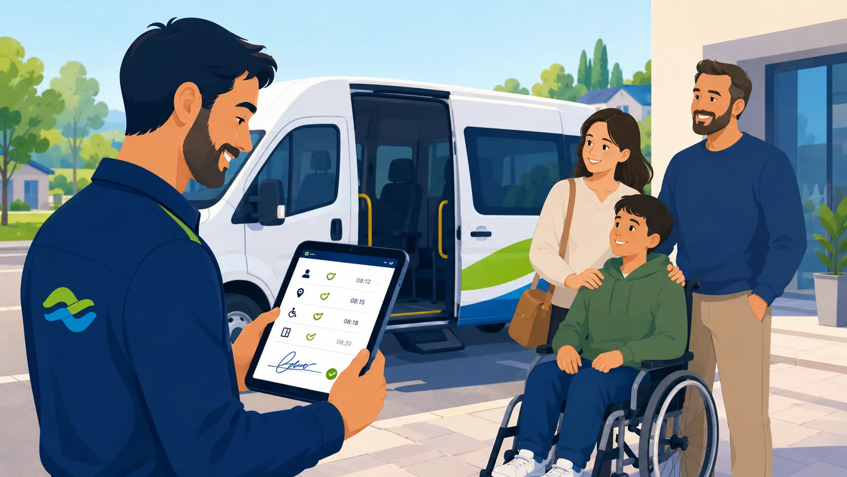 Un conducteur valide la prise en charge sur une tablette (check-list horodatée et signature) près d'un van adapté, devant une famille rassurée et un usager en fauteuil roulant