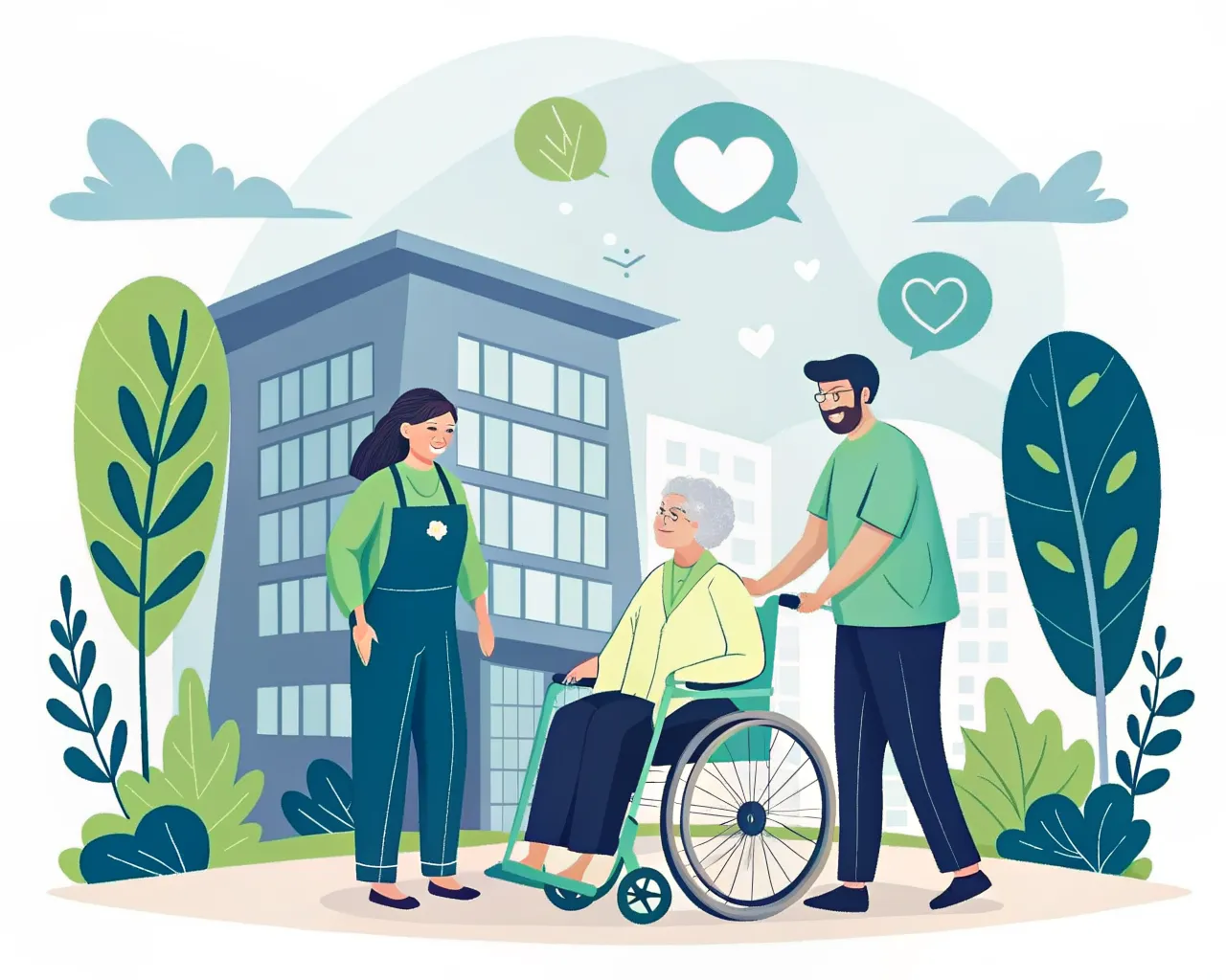 Personnes accompagnées dans un cadre médico-social, dont une personne âgée en fauteuil roulant, devant un établissement