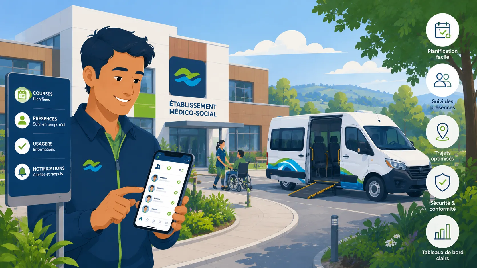 Un coordinateur utilise une application mobile (courses, présences, usagers, notifications) devant un établissement médico-social, avec un van adapté à l'entrée