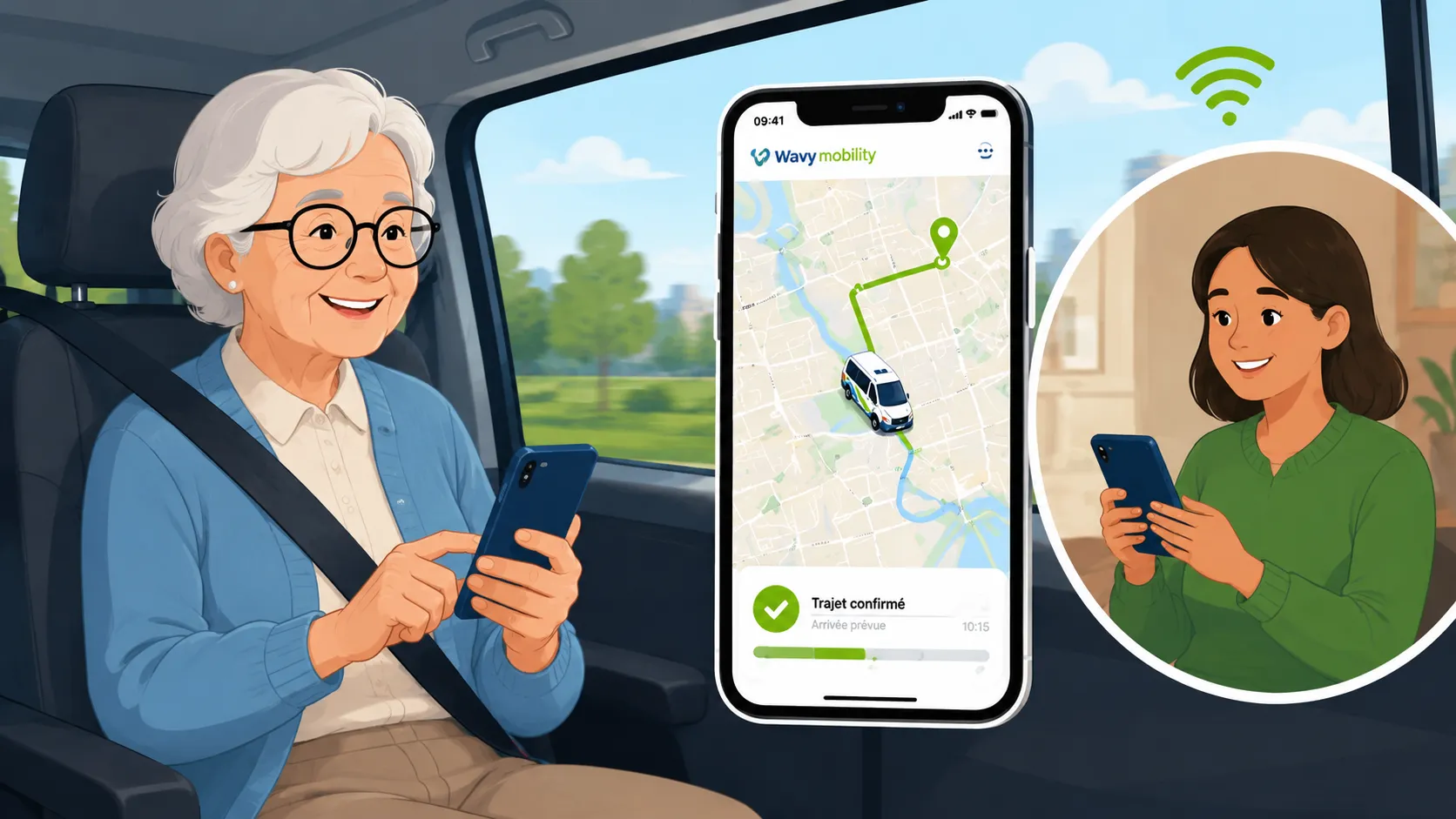 Une senior souriante installée dans un van pendant qu'un proche suit le trajet en temps réel sur son smartphone, avec une notification rassurante d'arrivée prévue