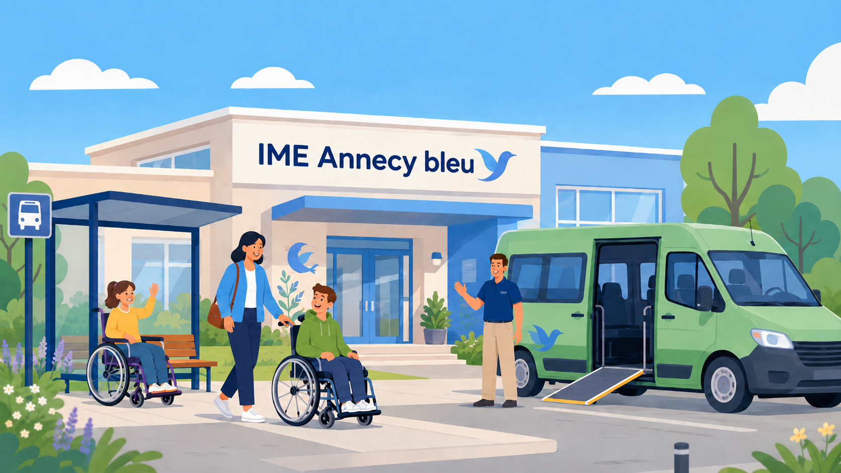 Un jeune usager accompagné vers un véhicule adapté devant son établissement médico-social