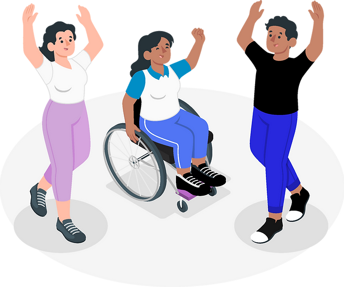 Personnes accompagnées, dont une personne en fauteuil roulant